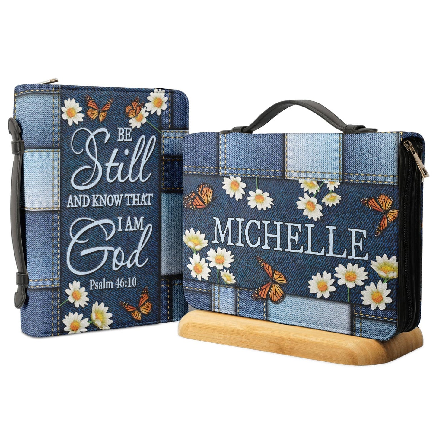 Be Still And Know That I Am God Butterfly Denim Style Psalm 46 10 Personalized Bible Cover - Gift Bible Cover for Christians