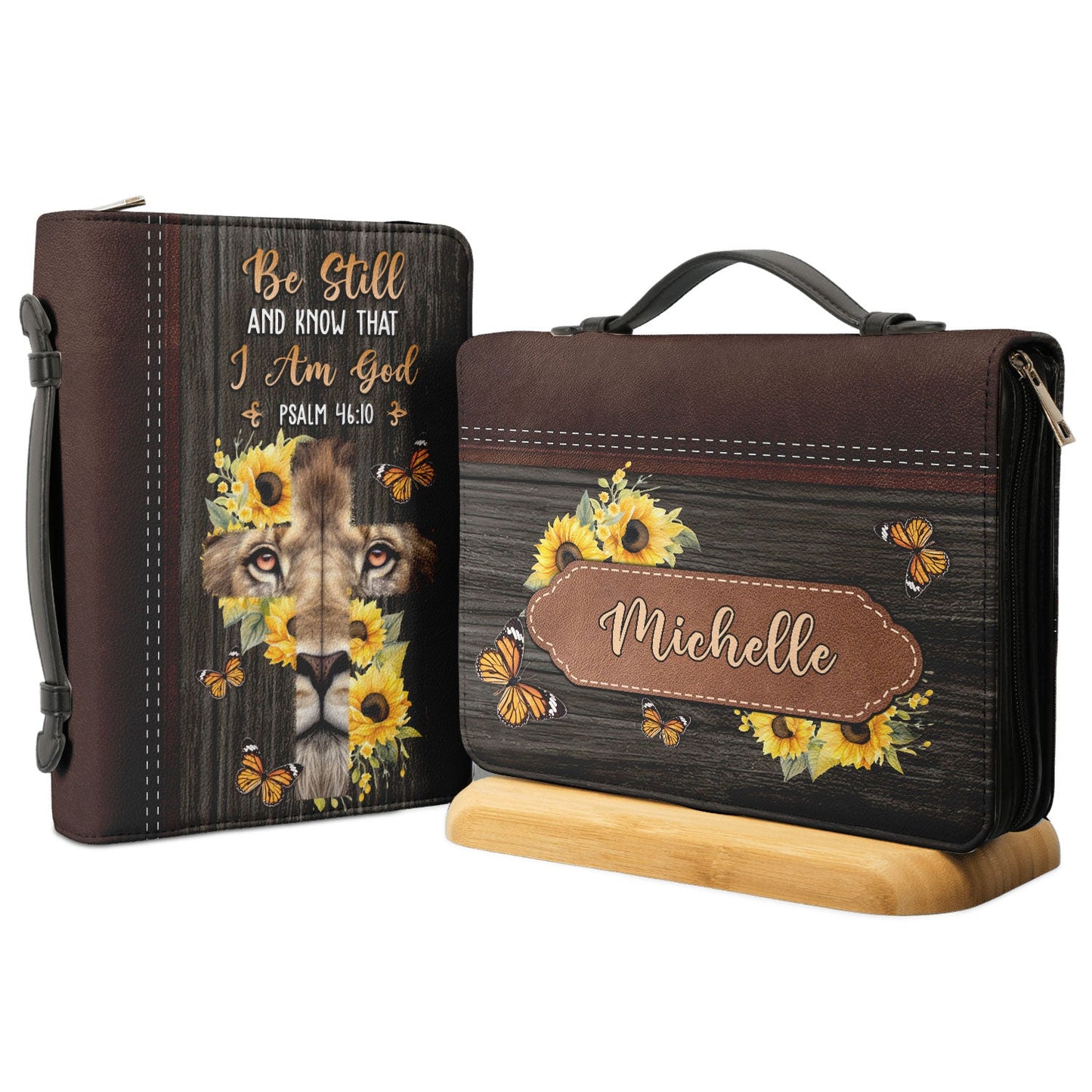 Be Still And Know That I Am God Psalm 46 10 Lion Butterfly Sunflower Personalized Bible Cover - Gift Bible Cover for Christians