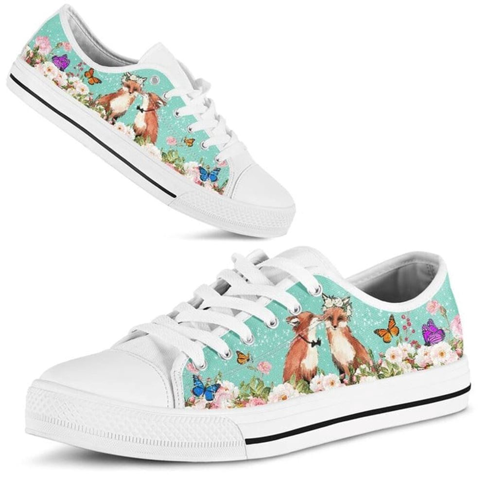 Beautiful Couple Fox Love Flower Watercolor Low Top Shoes, Animal Print Canvas Shoes, Print On Canvas Shoes