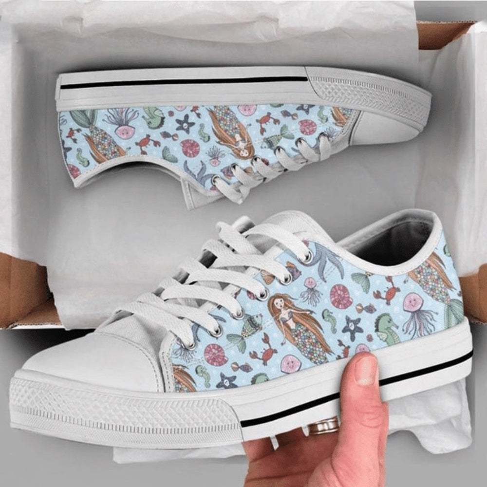 Blue Mermaid Low Top Shoes, Low Top Sneaker, Low Top Canvas Shoes