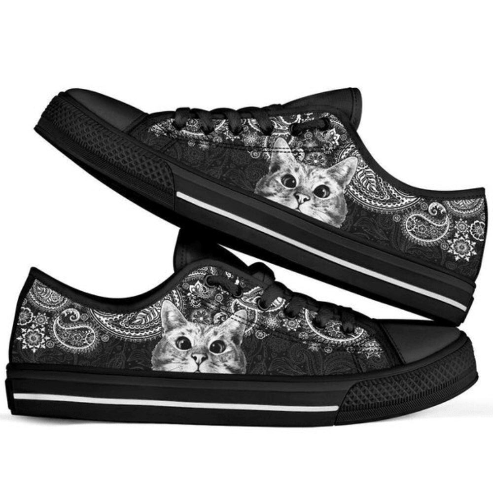 Cat Paisley Black White Low Top Shoes - Stylish Footwear, Cat Canvas Shoes
