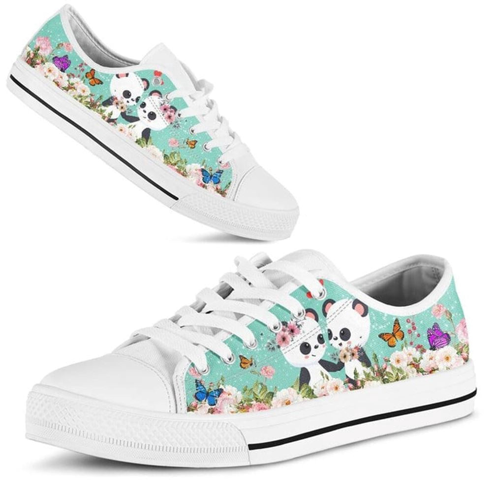 Cute Couple Panda Love Flower Watercolor Low Top Shoes, Animal Print Canvas Shoes, Print On Canvas Shoes