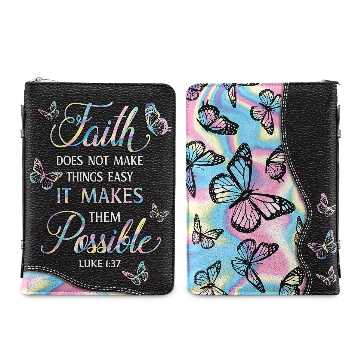 Faith Does Not Make Things Easy Luke 1 37 Butterfly Hologram Personalized Bible Covers - Custom Bible Case Christian Pastor