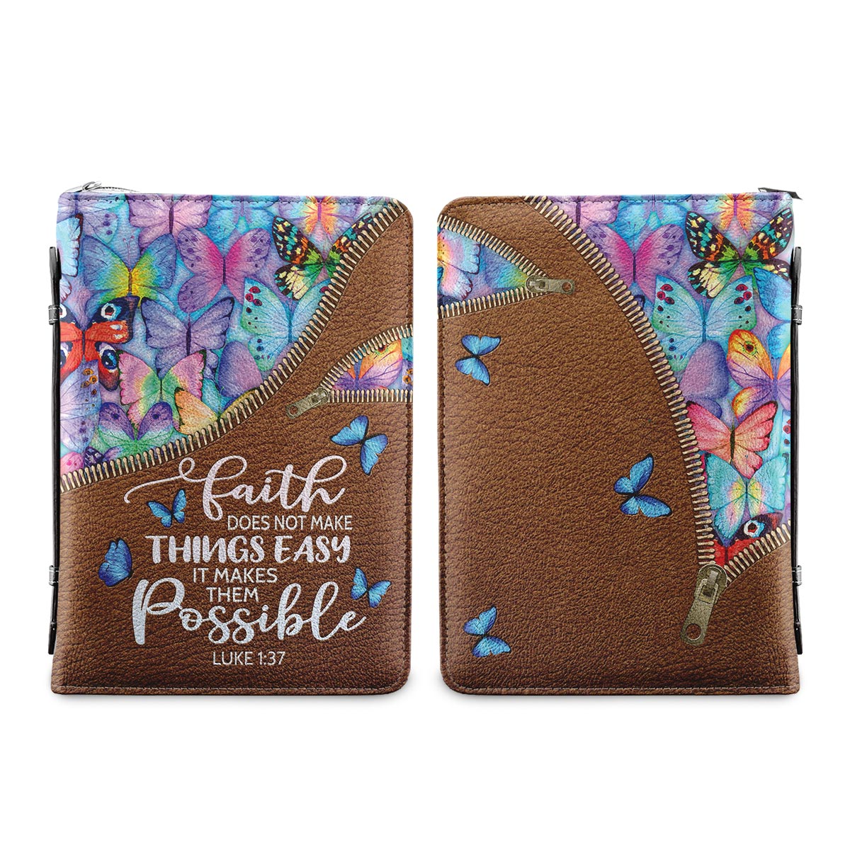 Faith Does Not Make Things Easy Luke 1 37 Butterfly Pattern Personalized Bible Covers - Custom Bible Case Christian Pastor