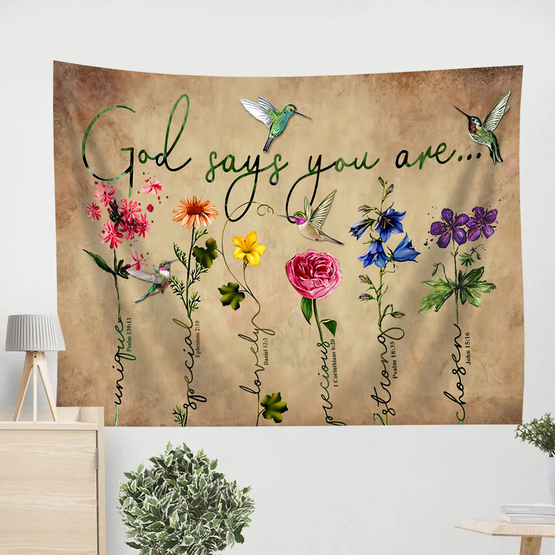 Flowers God Says You Are Tapestry - Christian Tapestries - Wall Tapestry Bible Verse