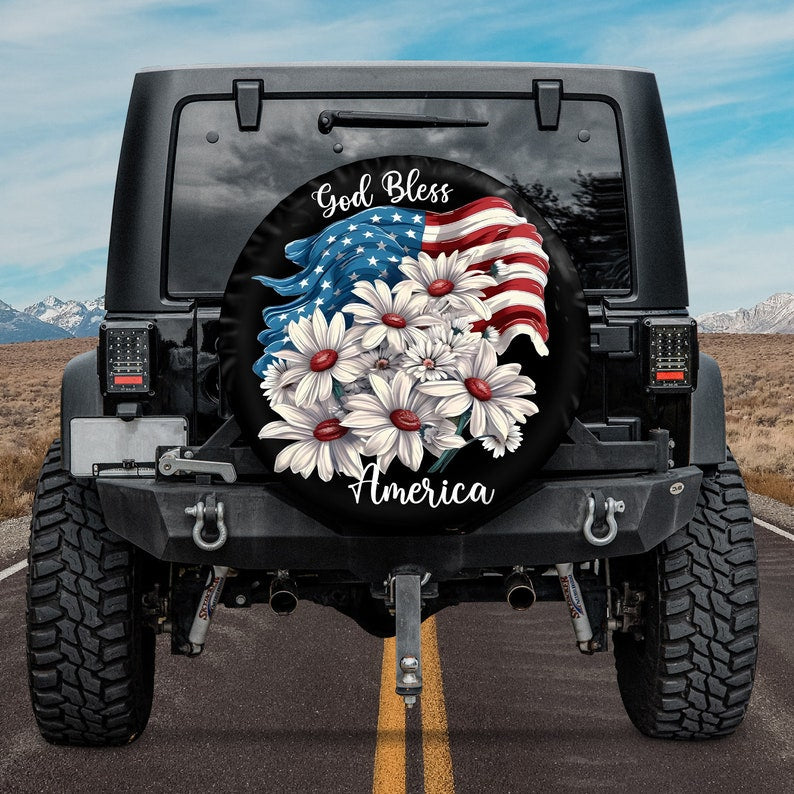 God Bless American Flag Flower Spare Tire Cover - Religious Christian Spare Tire Cover