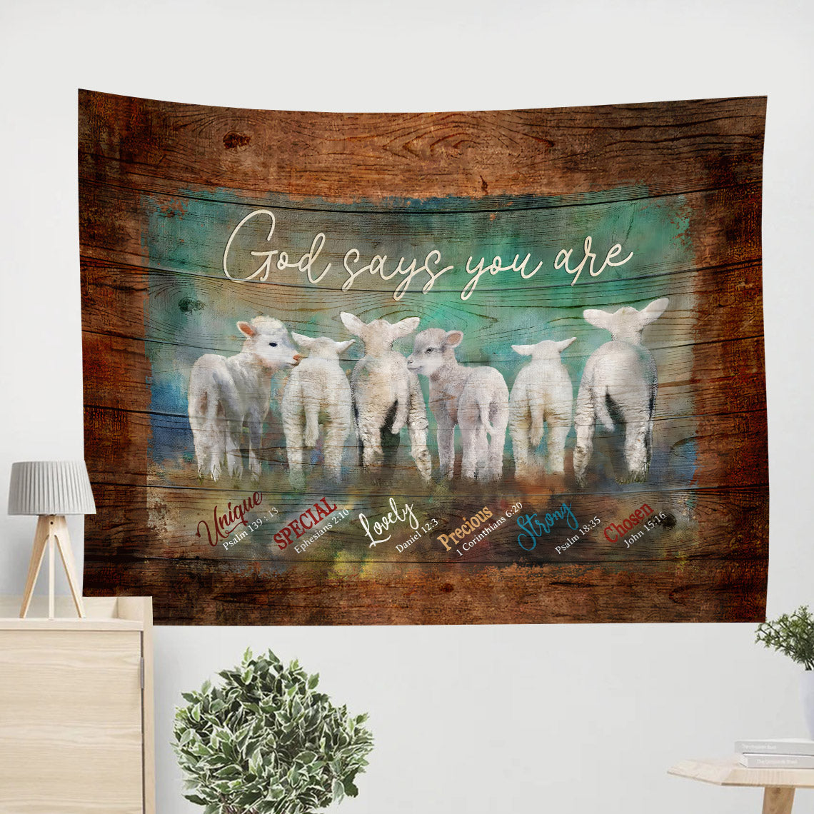 God Says You Are Unique Baby Lambs Tapestry - Christian Wall Tapestries