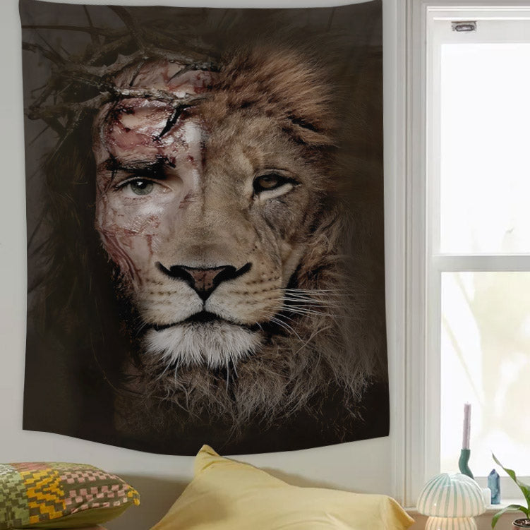 Half Jesus Half Lion Tapestry - Christian Tapestry - Bible Verse Tapestry