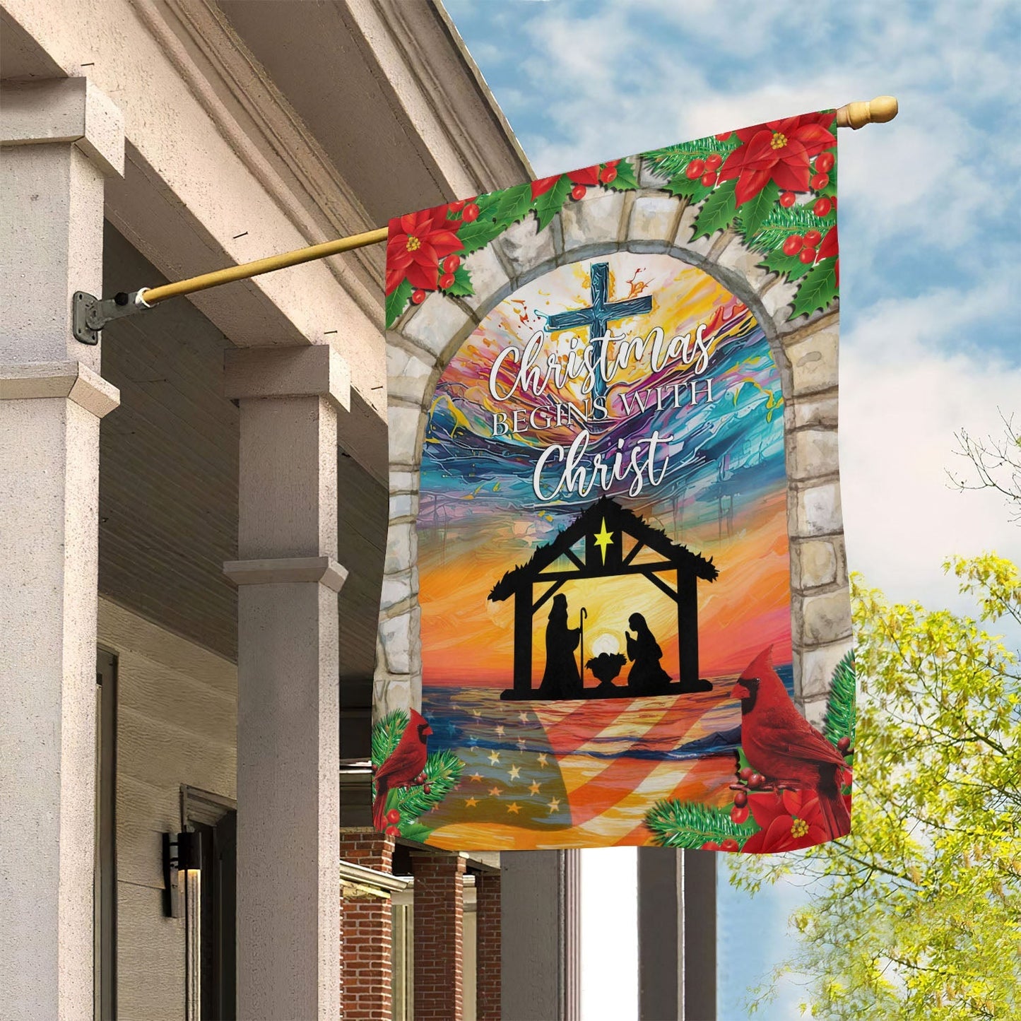 Holy Family Christmas Begins With Christ Christians Xmas Christian House Flag - Nativity Christians Flag Gift