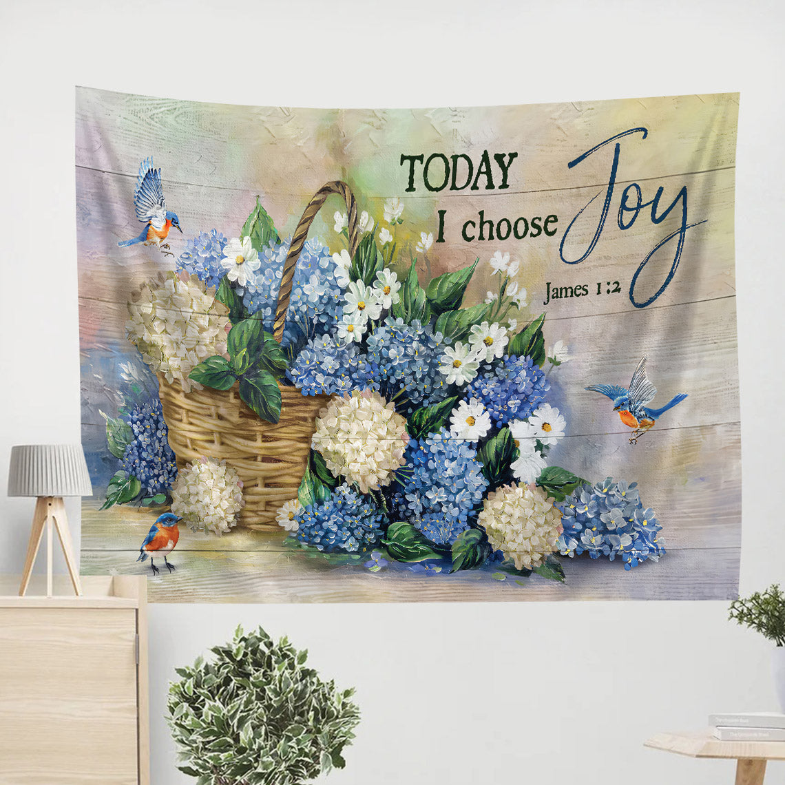 Hummingbird Hydrangea Flower Today I Choose Joy Tapestry - Bible Verse Tapestry