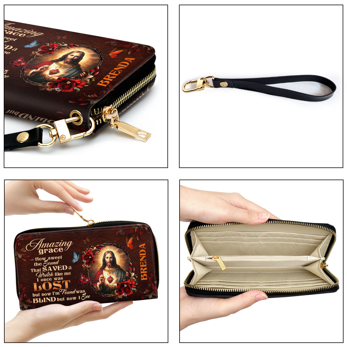 Jesus Amazing Grace Butterfly And Flowers Personalized Leather Clutch Purse - Christian Gifts For Religious Women