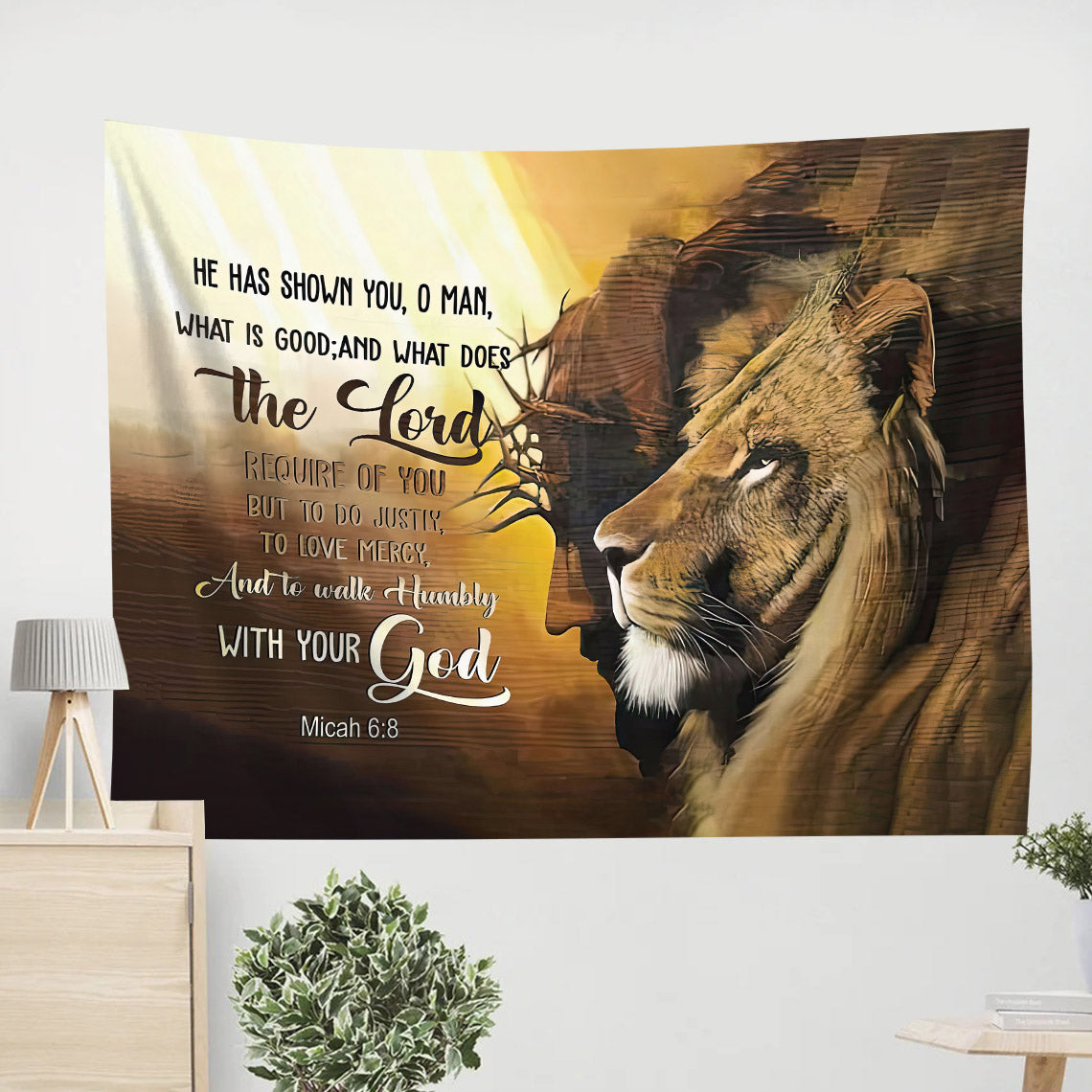 Jesus And Lion He Has Shown You Tapestry - Christian Tapestries - Wall Tapestry Bible Verse