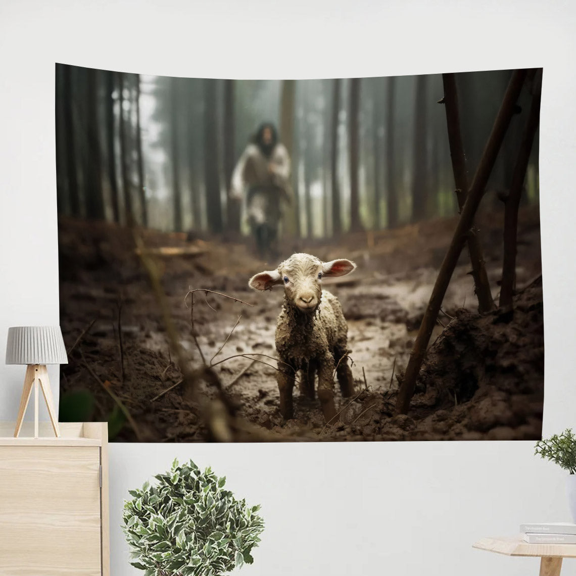 Jesus And The Lost Lamb Tapestry - Christian Tapestries - Wall Tapestry Bible Verse