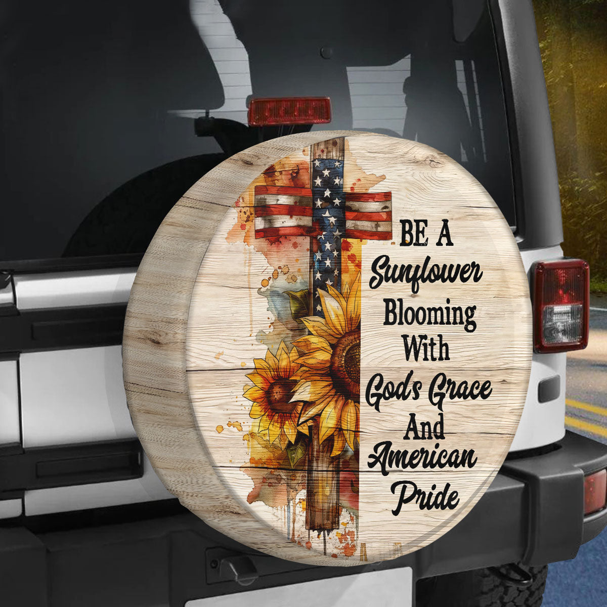 Jesus Cross Sunflower Blooming With God's Grace Spare Tire Cover - Christian Tire Cover