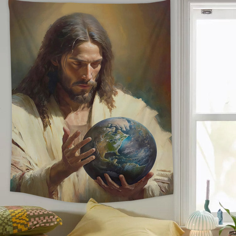 Jesus Holding The Earth Religious Tapestries - Christian Wall Tapestry Decor