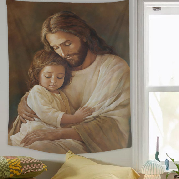 Jesus Hug A Girl Religious Tapestries - Christian Wall Tapestry Decor