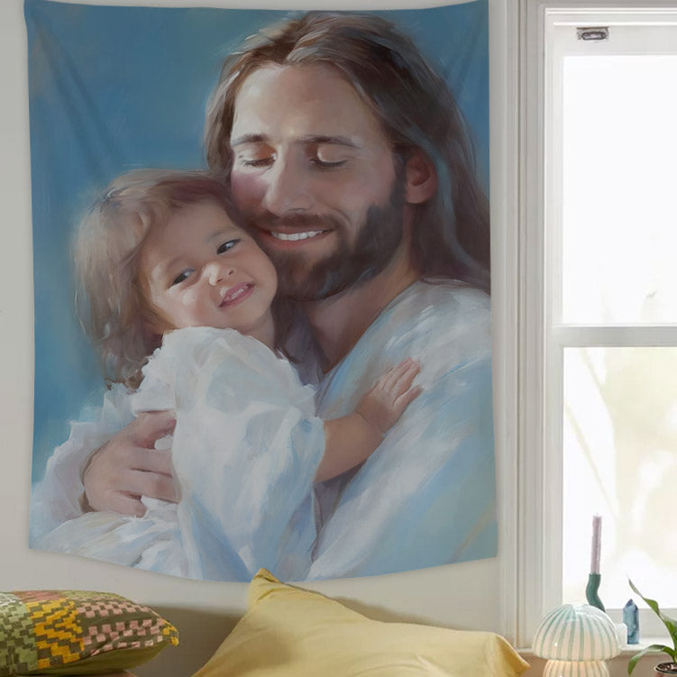Jesus Is Holding A Child In His Arms With A Warm Smile On His Face Tapestries - Christian Wall Tapestry Decor