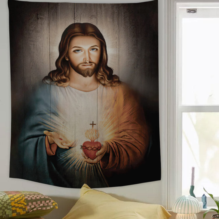Jesus Sacred Heart Tapestry - Christian Tapestry - Bible Verse Tapestry