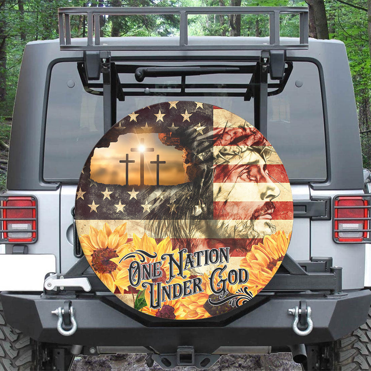 Jesus Sunflower One Nation Under God Usa Flag Spare Tire Cover - Christian Tire Cover