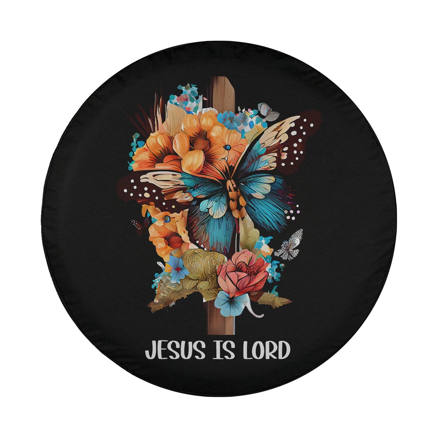 Jesus is Lord Christian Cross Butterfly Flowers Floral Faith Spare Tire Cover - Religious Christian Spare Tire Cover