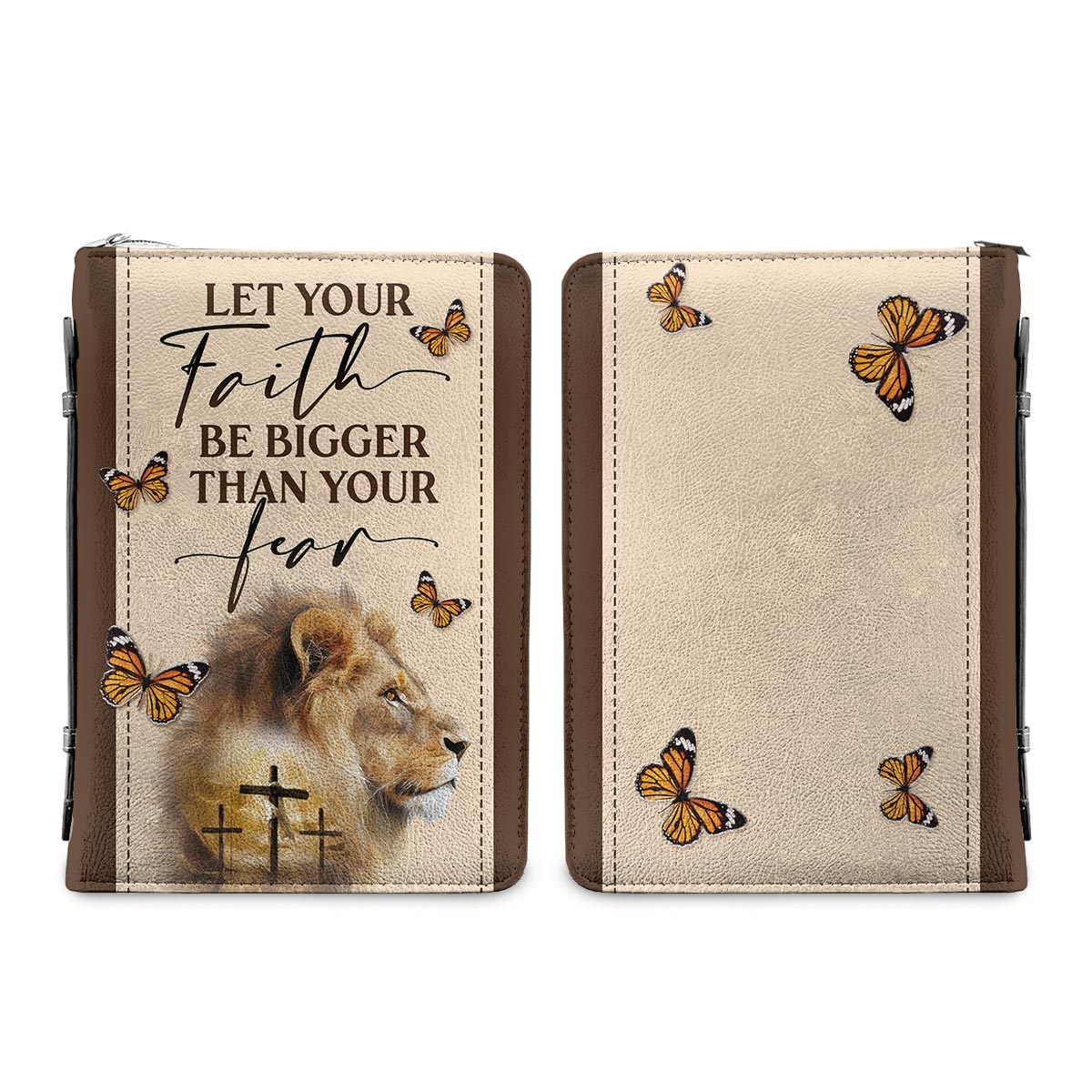 Let Your Faith Be Bigger Than Your Fear Lion Butterfly Personalized Bible Cover - Christian Bible Covers For Women