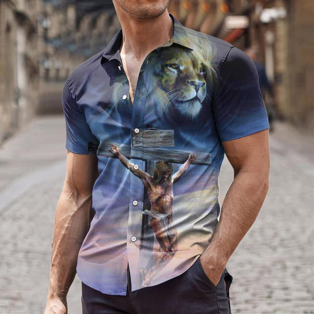 Lion Crucifixion Of Jesus Christian Hawaiian Shirt - Hawaiian Beach Shirts for Men Women