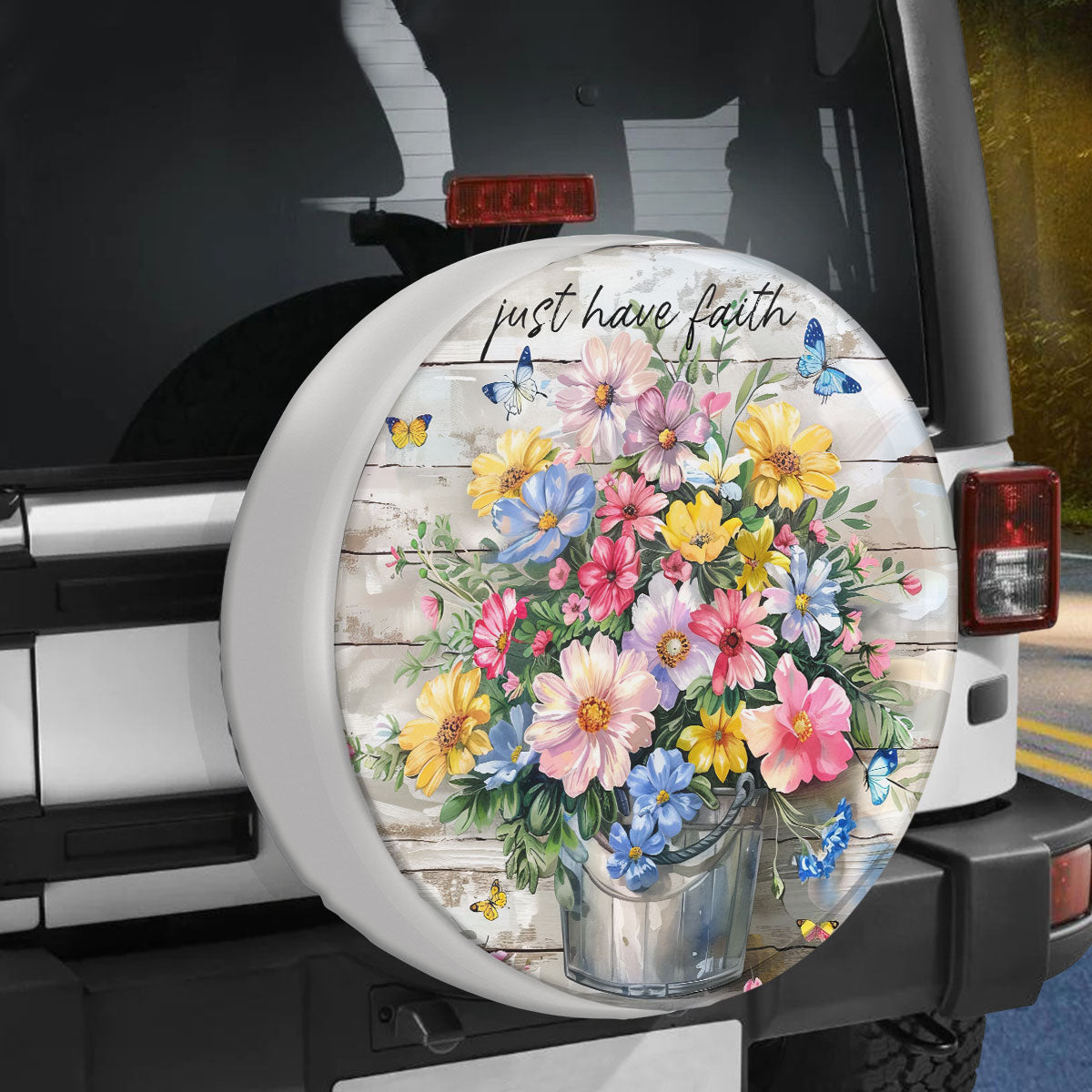 Pansies Blooming Butterfly Just Have Faith God Spare Tire Cover - Christian Tire Cover