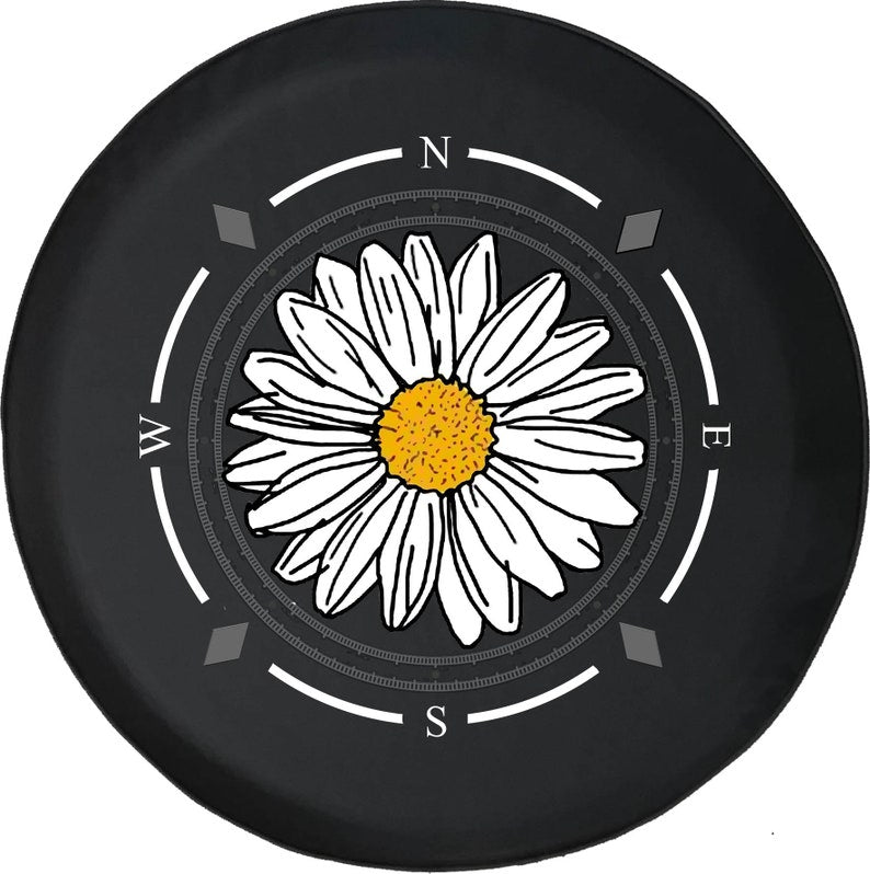 Pretty Daisy White and Yellow Flower Compass Spare Tire Cover - Bible Verse Tire Cover