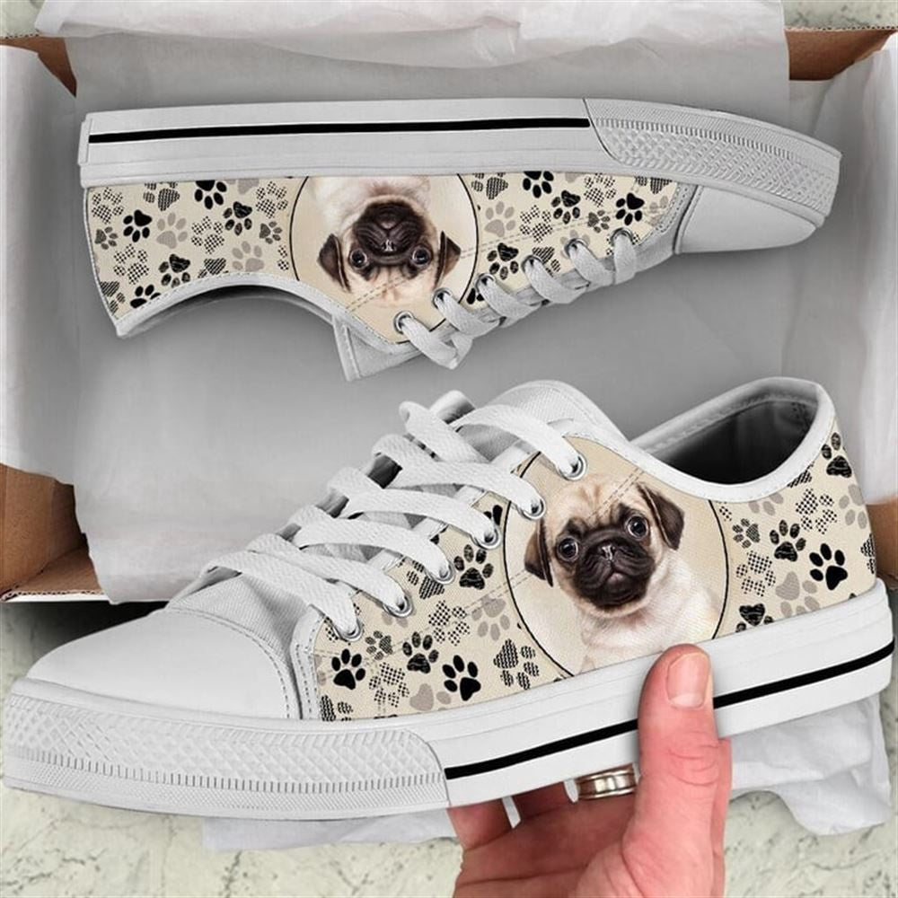 Pug Dog Pattern Brown Canvas Low Top Shoes - Low Top Shoes Mens, Women, Dog Printed Shoes, Canvas Shoes For Men, Women
