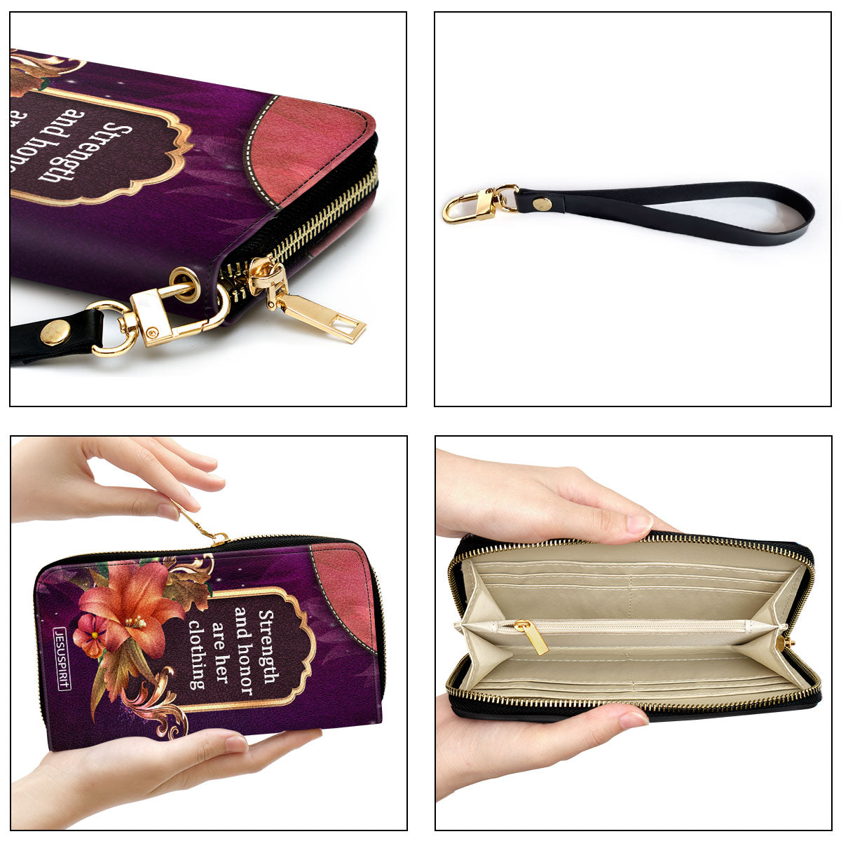 Strength And Honor Are Her Clothing Personalized Leather Clutch Purse - Christian Gifts For Religious Women