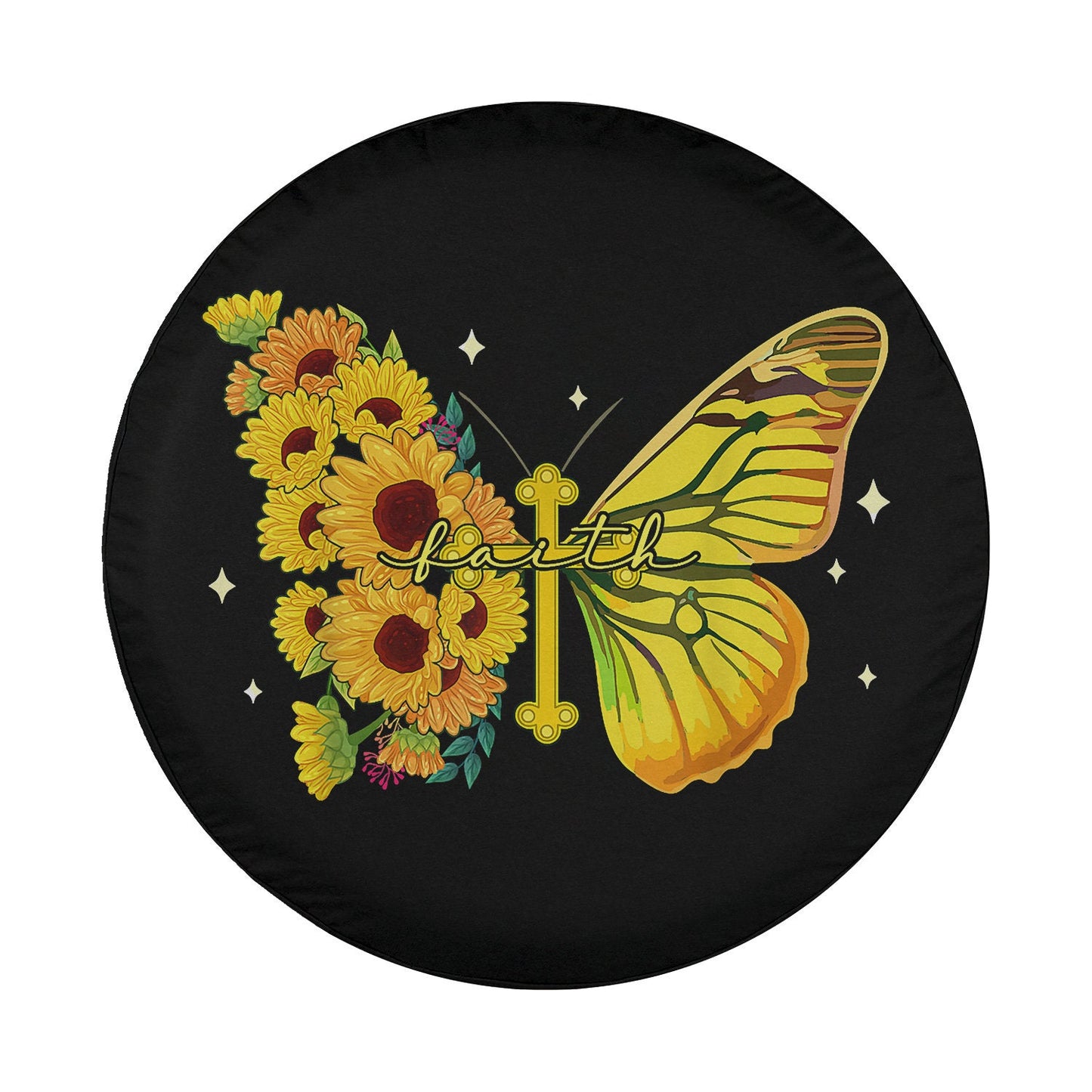 Sunflower Butterfly Jesus God Christian Faith Cross Patriot Spare Tire Cover - Bible Verse Tire Cover