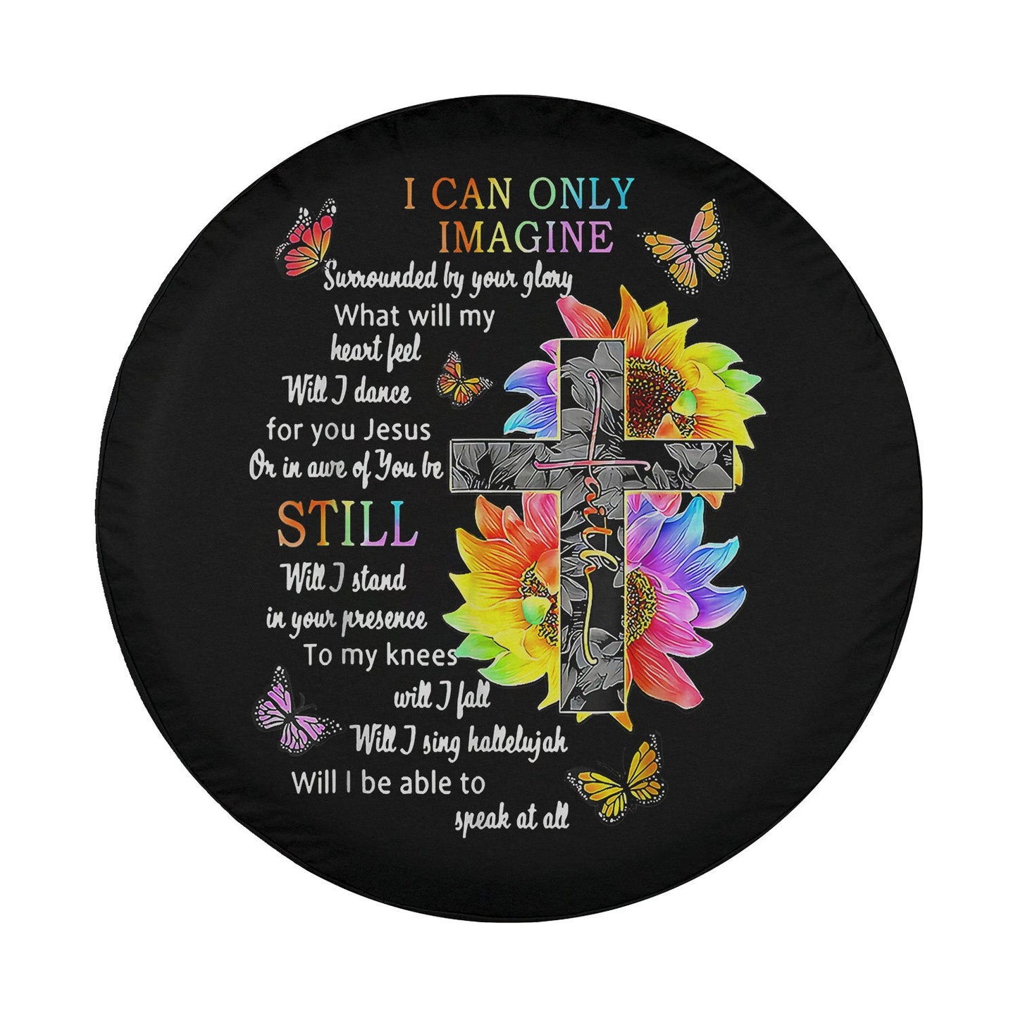 Sunflower Jesus Cross Butterfly I Can Imagine Christian Spare Tire Cover - Bible Verse Tire Cover
