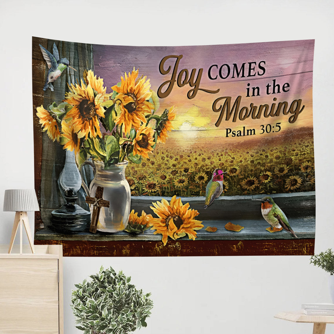Sunflower Joy Comes In The Morning Psalm 30 5 Tapestry - Christian Tapestry Wall Hanging
