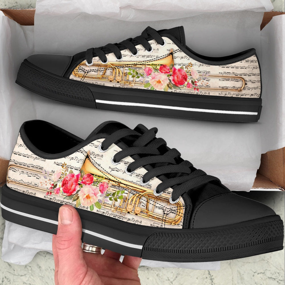 Trombone Music Flower Low Top Music Shoes, Canvas Shoes Design, Low Top Sneaker