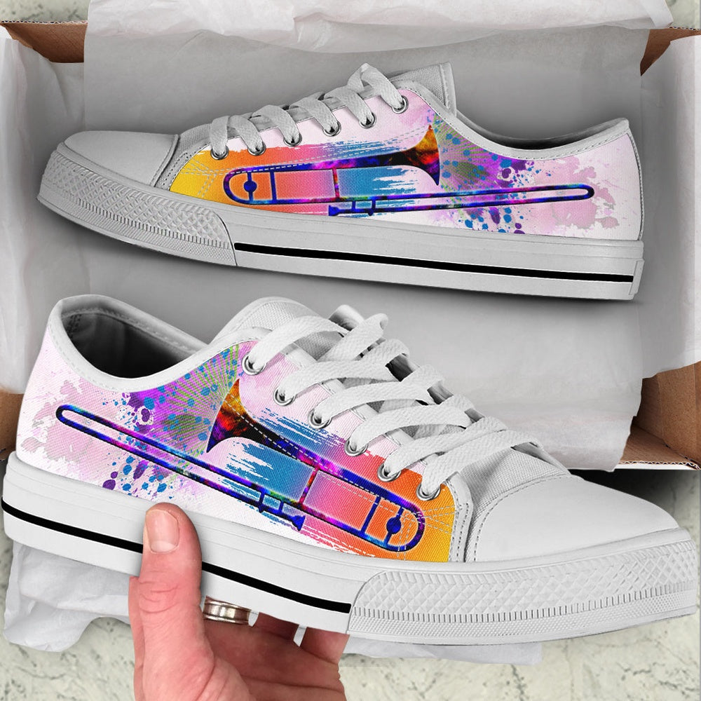 Trombone Splash Watercolor Low Top Music Shoes, Canvas Shoes Design, Low Top Sneaker