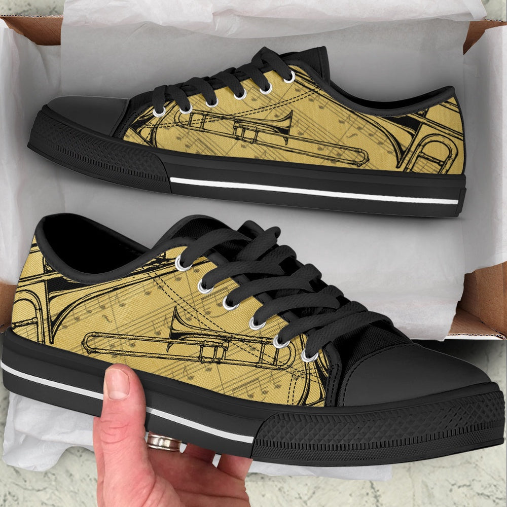 Trombone Vintage Art Low Top Music Shoes, Canvas Shoes Design, Low Top Sneaker