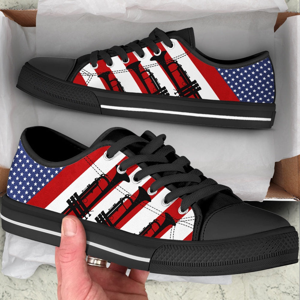 Trumpet Usa Flag Low Top Music Shoes, Canvas Shoes Design, Low Top Sneaker