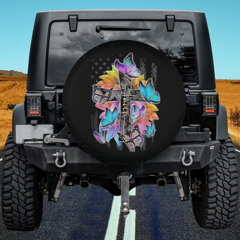 US Flag Sunflower Butterfly Jesus Cross Faith Christian Spare Tire Cover - Bible Verse Tire Cover