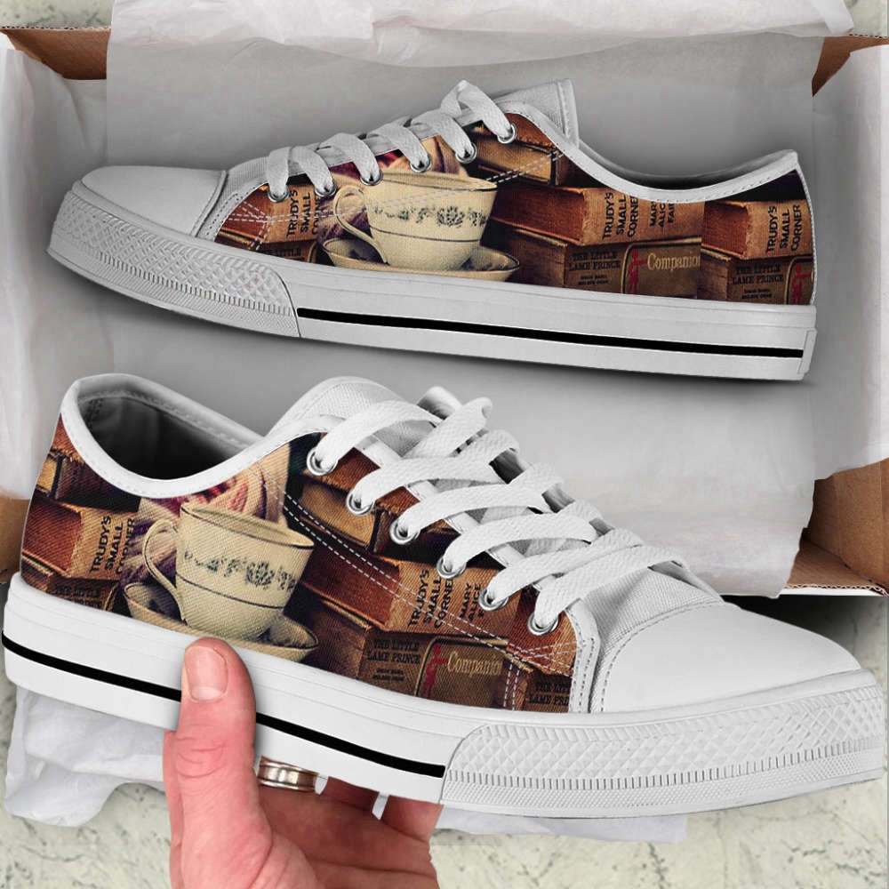 Vintage Book Coffee Canvas Print Lowtop Shoes, Canvas Shoes Design, Low Top Sneaker