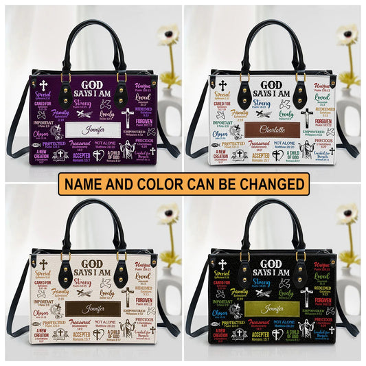 God Says I Am Scripture Christian Leather Bag - Personalized Leather Bag With Handle for Christian Women
