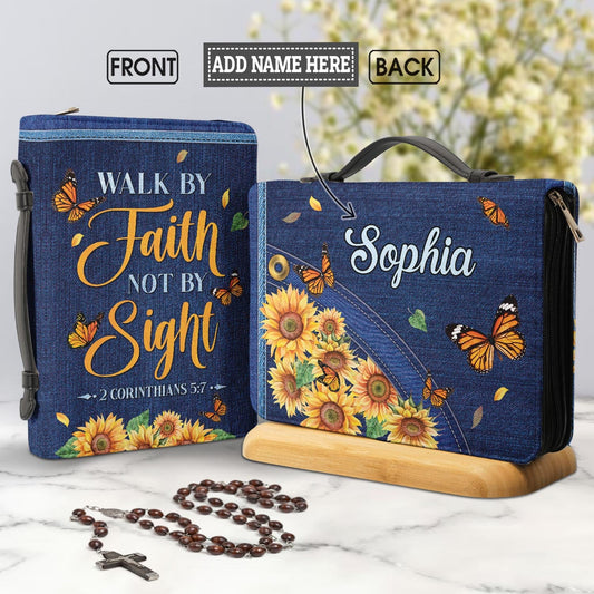 Walk By Faith Not By Sight 2 Corinthians 5 7 Butterfly Denim Personalized Bible Cover - Inspirational Bible Covers For Women