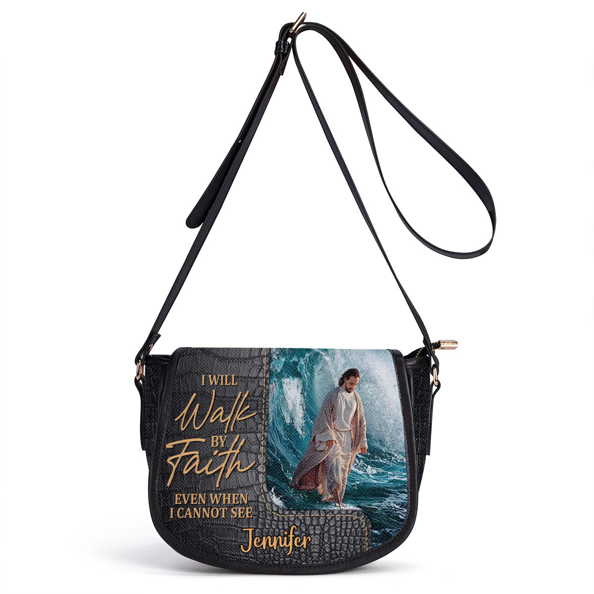 Walk By Faith Personalized Leather Saddle Bag - Christian Women's Handbag Gifts