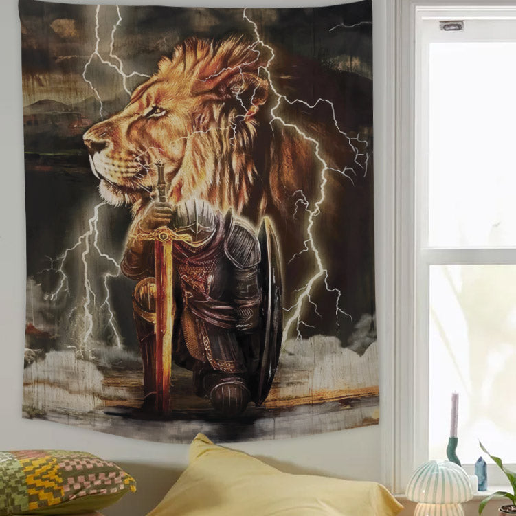 Warrior And Lion Of Judah Tapestry - Christian Tapestry - Bible Verse Tapestry