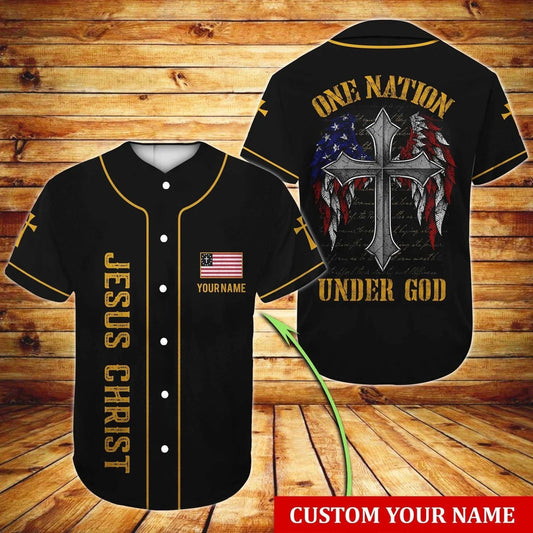 Wings American Flag Cross One Nation Under God Custom Baseball Jersey - Personalized Jesus Baseball Jersey For Men and Women