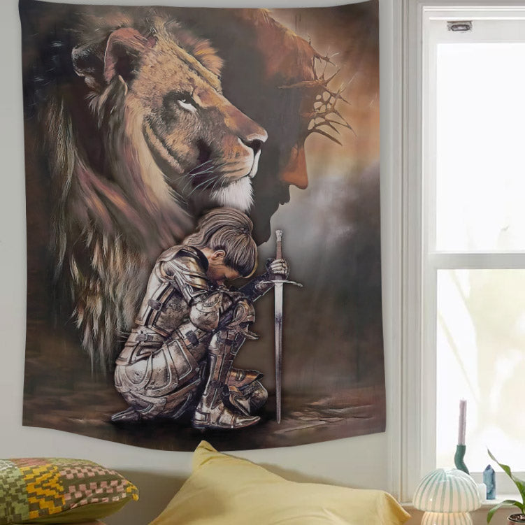 Woman Warrior Jesus And Lion Tapestry - Bible Verse Tapestry