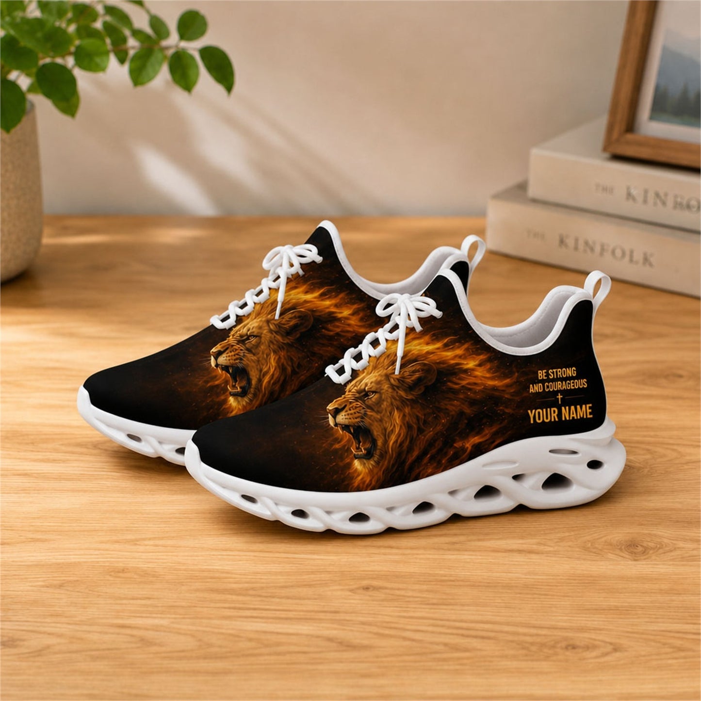Lifestyle view of white-soled faith scripture sneakers on wood, displaying the personalized name zone