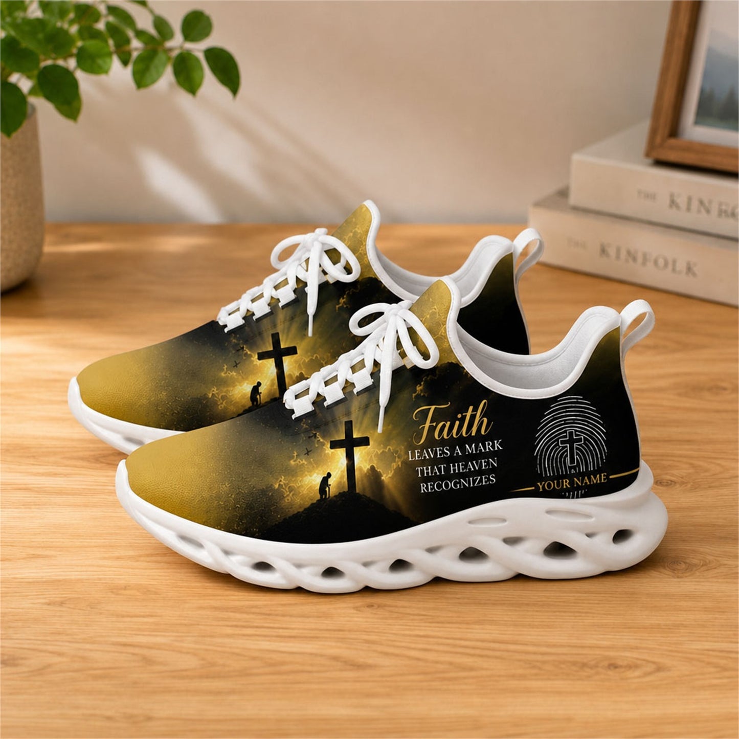 Lifestyle view of white-soled faith sneakers on a wooden surface, highlighting the spiritual message