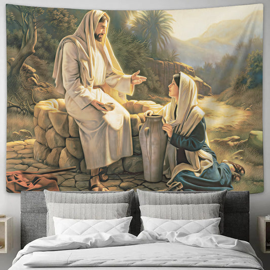 Jesus And The Woman At The Well - Bible Tapestry - Christian Tapestry - Jesus Wall Art - Religious Tapestry - Bible Verse Wall Tapestry - Ciaocustom