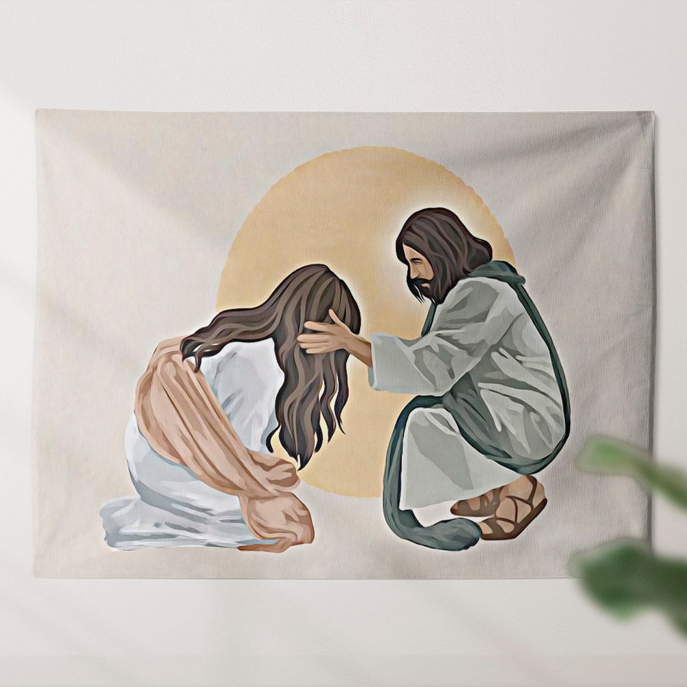 Woman Kneeling Before Jesus - Jesus Tapestry - Picture Of Jesus With Woman - Religious Tapestry Wall Hangings - Gift For Christian - Ciaocustom