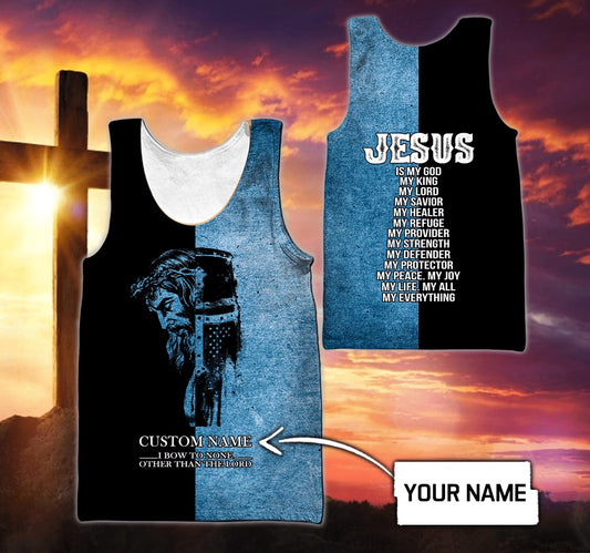 Christian Jesus Bow To None Black And Faded Blue Color Jesus  Customized Men Tank Top - Christian Tank Top For Men